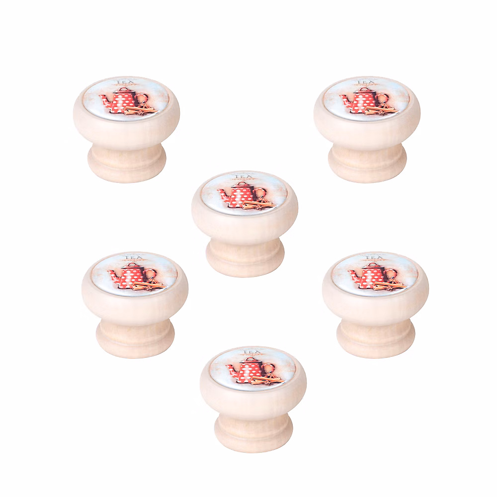 6 Un. bouton poignées de meuble Vintage Retro bois blanc décapé théière – diamètre 40MM
