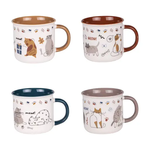 Extérieur confort:Coffret 4 mugs en porcelaine à motifs colorés Chat - 35 cl