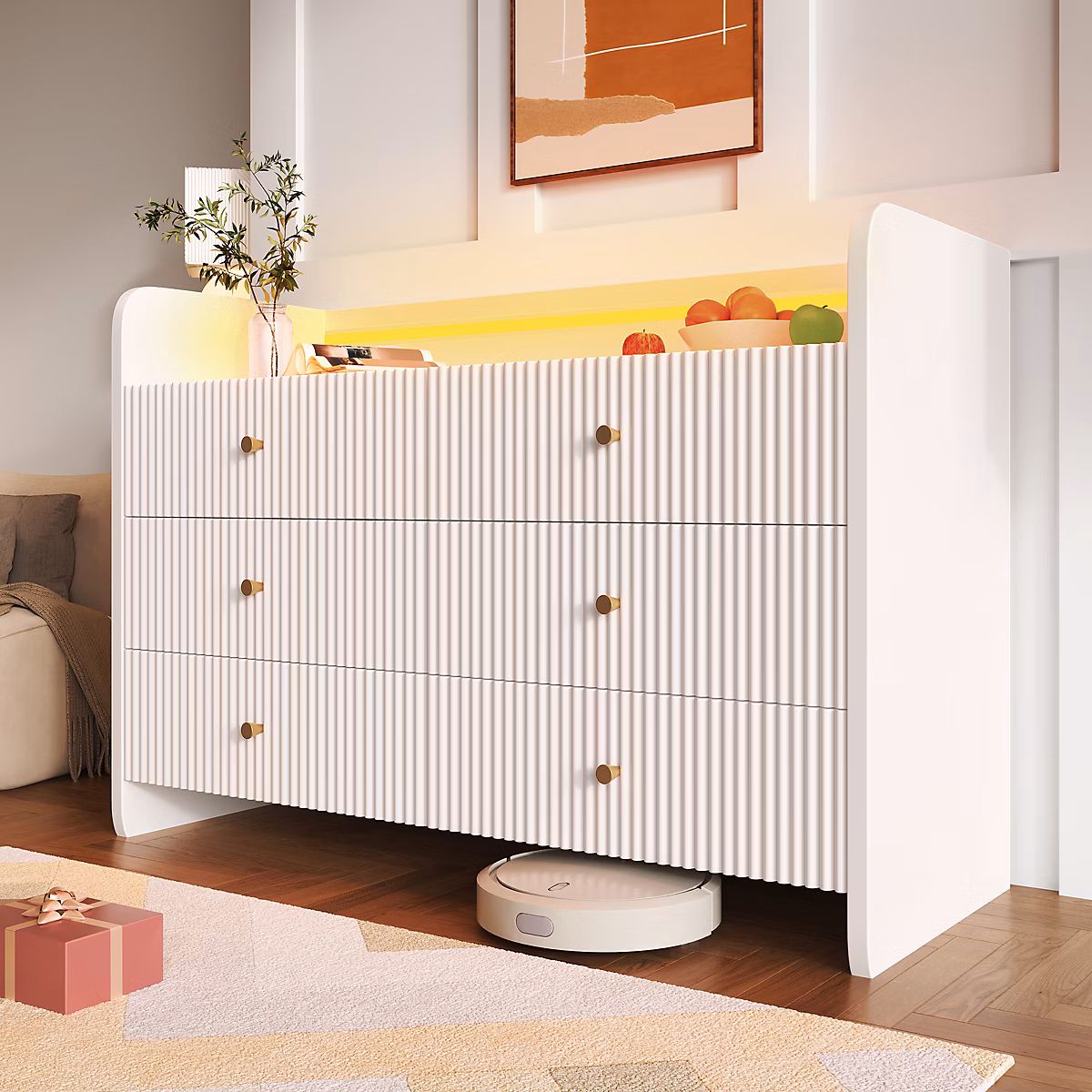 Buffet – Bahuts avec 6 Tiroirs et Éclairage LED Télécommande, design Rainures Ondulées 120 × 40 × 75 cm, Blanc