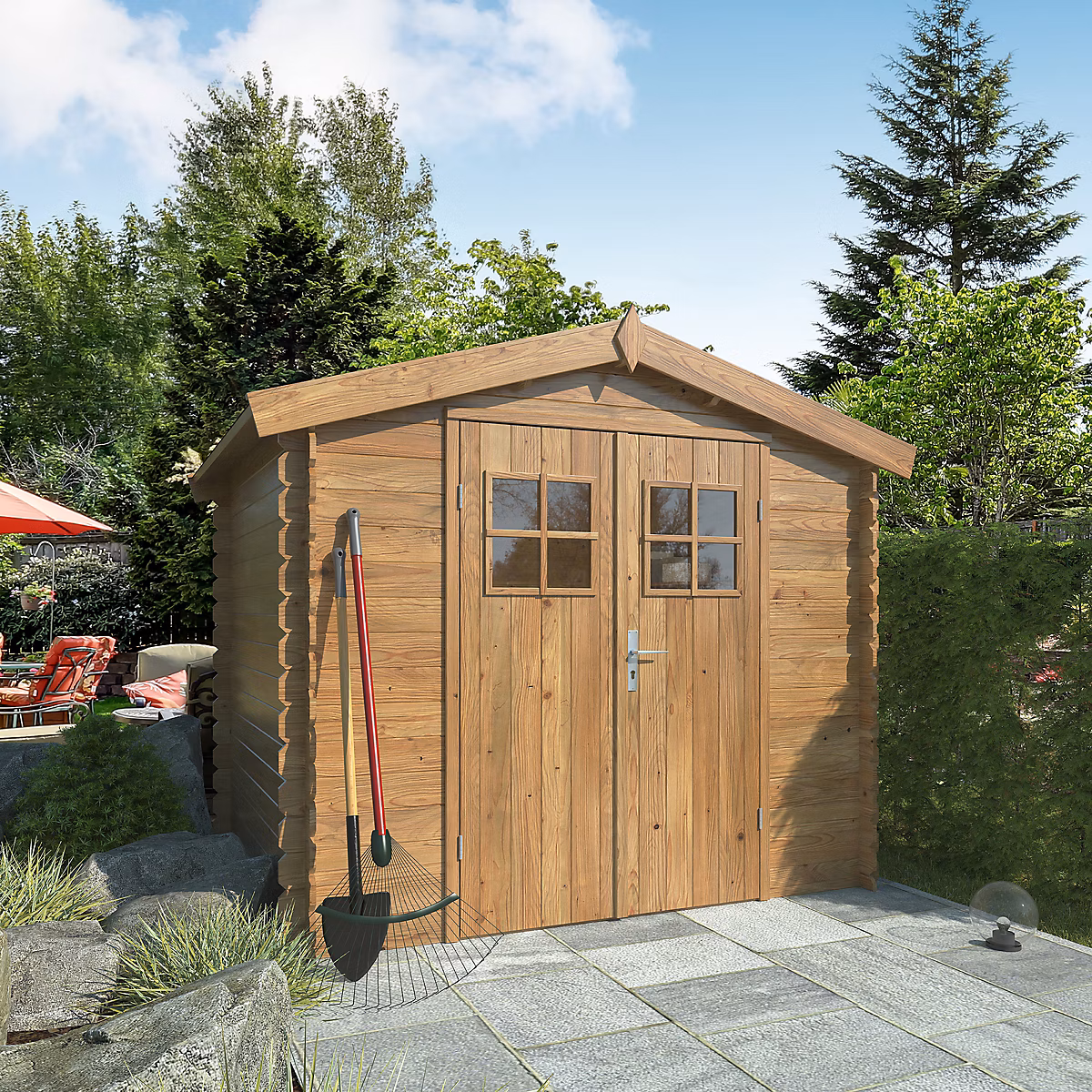 Abri de jardin Klikstrom Mokau sapin blanc du nord traité autoclave marron ép.19 mm surface totale 5 – 3m²