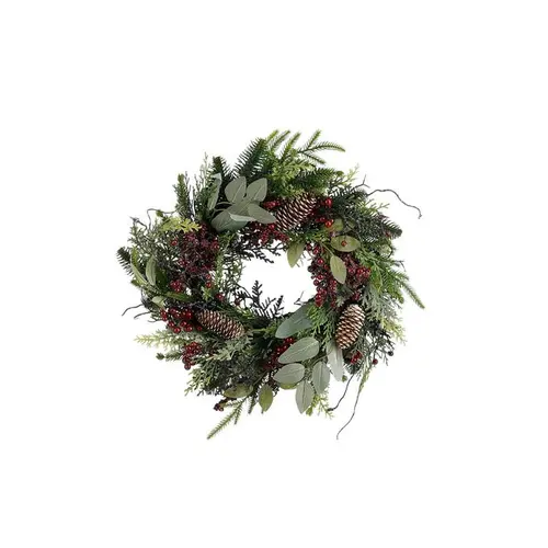 Extérieur fonctionnel：Couronne de feuillage vert et pommes de pin bordeaux Bodi - Ø 40 x H 11 cm