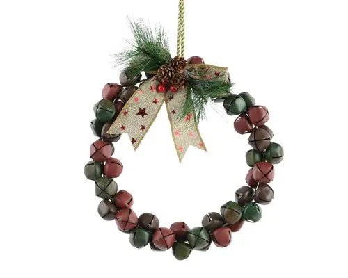 Pour vos espaces verts:Couronne de clochettes en métal vert, rouge et brun avec nœud - Ø 25 x H 4 cm