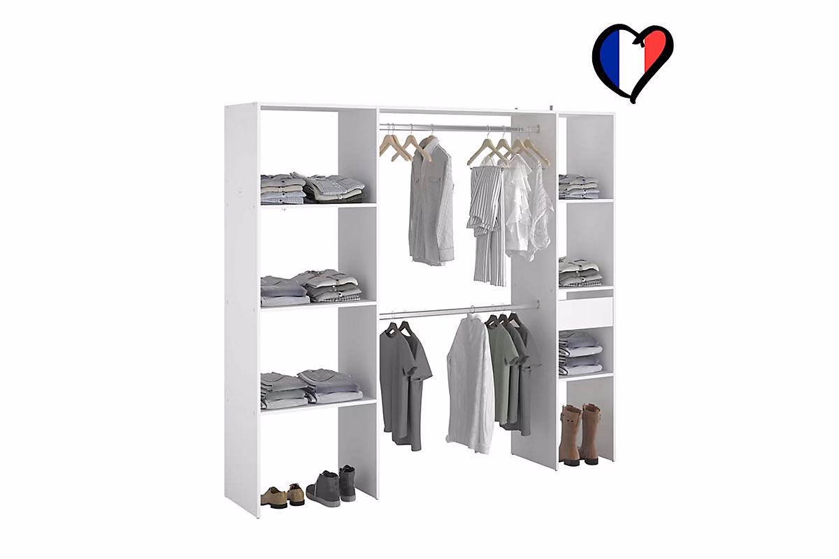 Dressing blanc 6 étagères 1 tiroir 2 penderies 198 × 40 × 180 cm ELYSEE