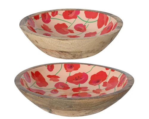 Pour embellir le jardin:Bol décoratif à motif de coquelicots en bois de manguier rouge T1 - Ø 30 x H 6,5 cm