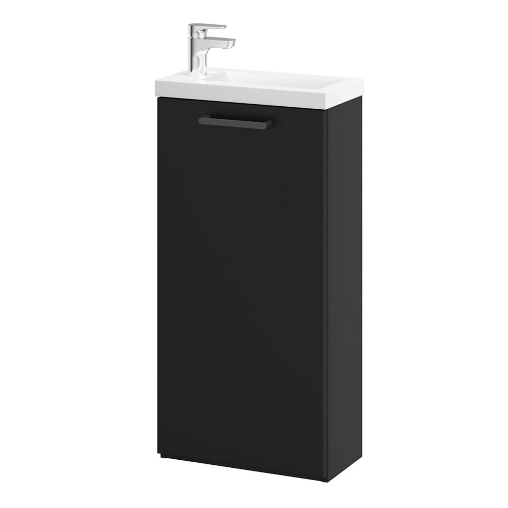 Meuble lave mains à poser noir mat l.43 – 5 cm 1 porte Imandra + plan vasque blanc résine Beni, GoodHome