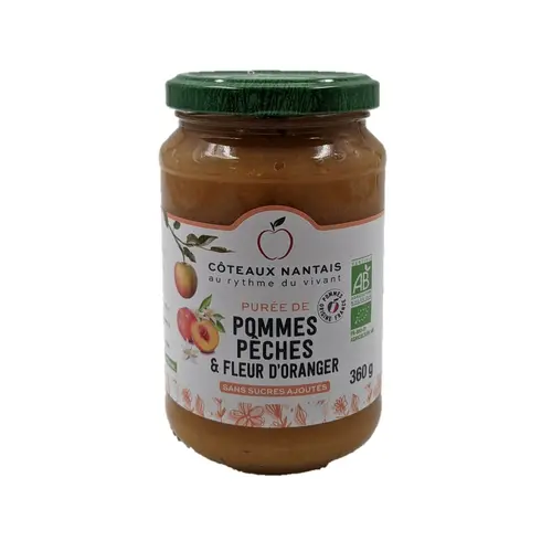 Confort pour le jardin：Purée bio de pommes pêches fleur d’oranger Coteaux Nantais - 360 g