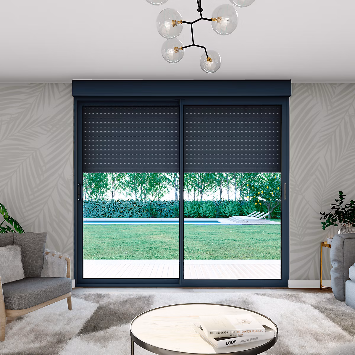 Baie vitrée coulissante aluminium gris volet roulant solaire 215 × 180 cm | Uw 1 – 7