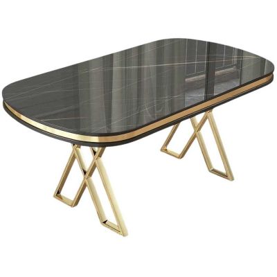 Table de repas ovale pieds en croix Zae (Noir marbré et Doré)