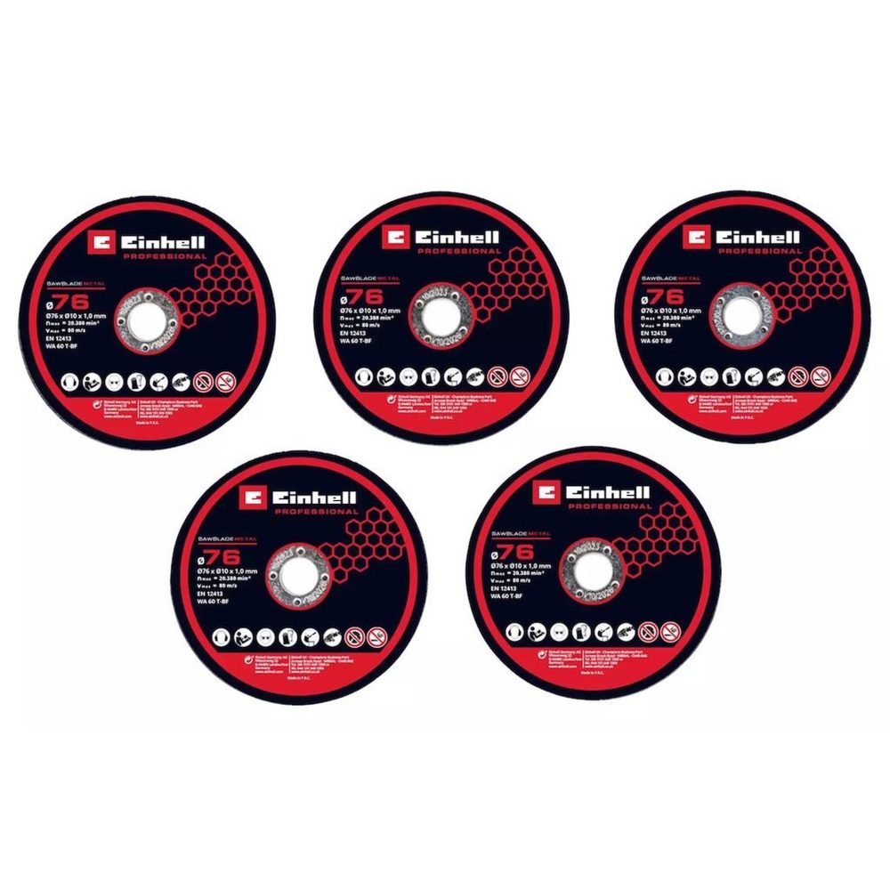 Einhell Kit de 5 disques de coupe fins – 76 mm – Métal – Alésage 10 mm