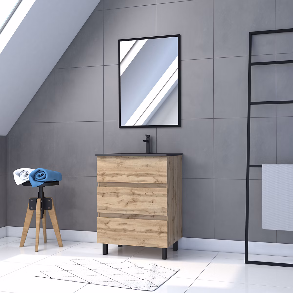 Meuble sous vasque à poser 60 cm effet chêne industriel 3 tiroirs avec plan vasque noir et miroir – Galedo Timber