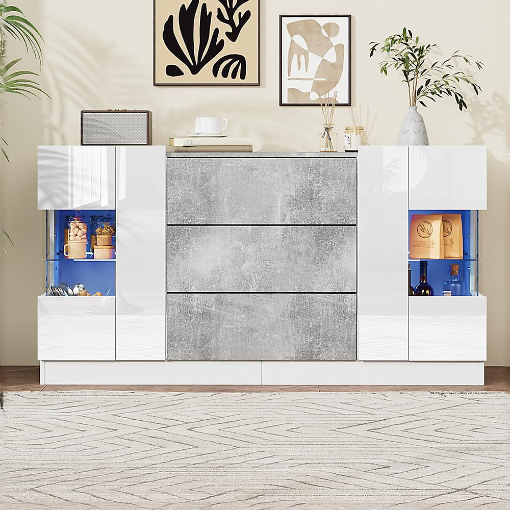 Buffet élégant 140 × 35 × 75 cm | 2 portes – 3 tiroirs – panneaux laqués blancs – éclairage LED 16 couleurs – finition marbre gris