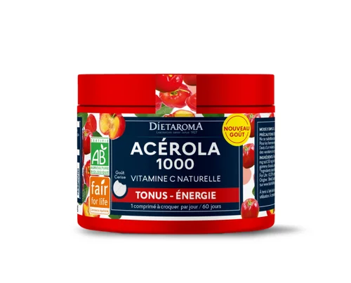 Pour plus de confort au jardin:Complément alimentaire pilulier acérola 1000 vitamine c naturelle goût cerise bio équitable Dietaroma - 60 comprimés