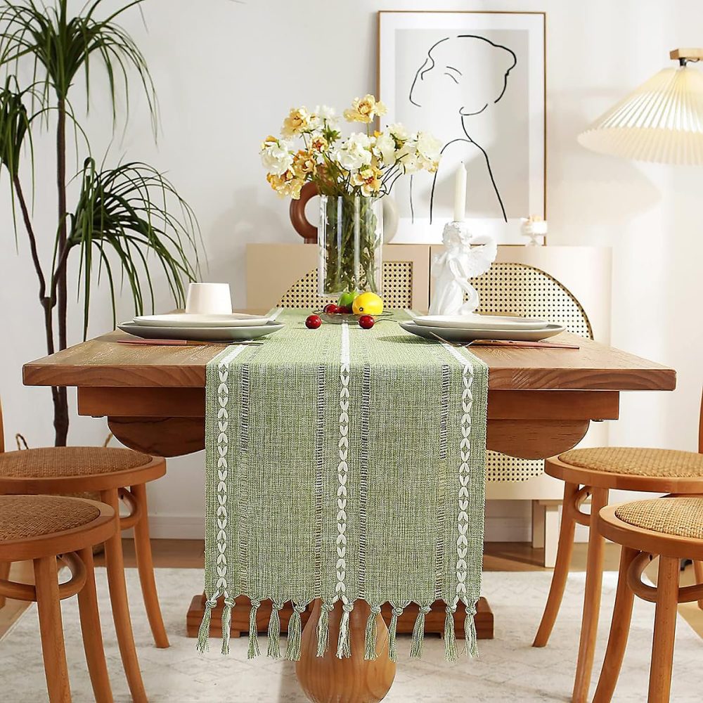 Chemin de Table Bohème Coton et Lin 33 × 90 cm Vert