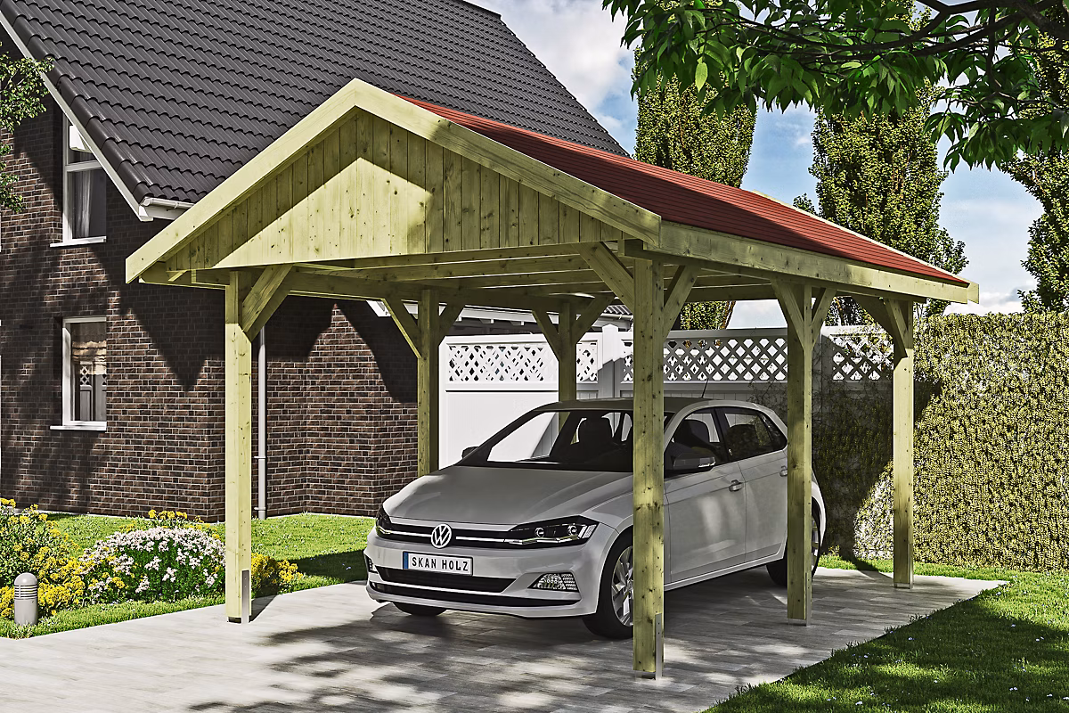Carport SKAN HOLZ Wallgau 380 × 500 cm – imprégné vert, avec bardeaux rouge