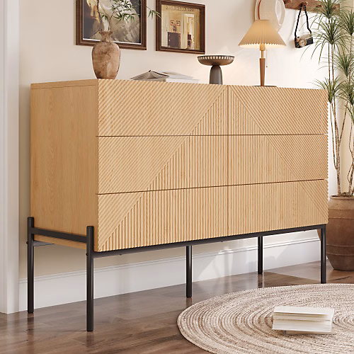 Buffet moderne 115.5 × 38 × 75 cm | Avec 6 tiroirs – Texture 3D – Pieds en fer – MDF – Naturel