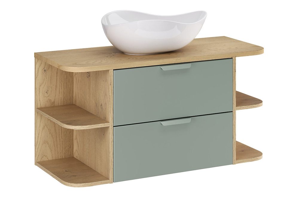 Ensemble meuble et vasque Cloud 100 cm ASTER vert avec deux extensions – étagères ouvertes et plan en chêne