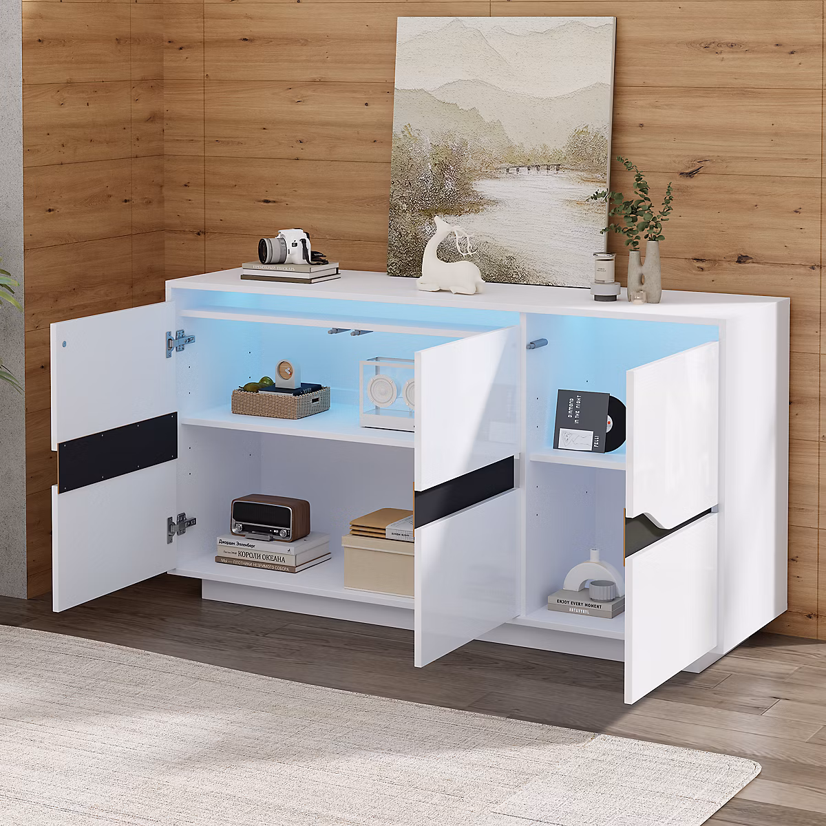 Buffet – Bahut Moderne avec LED et 3 Portes | Étagères Réglables | Meuble de Rangement Design Salon | Blanc et Noir | 140 × 40 × 76 cm