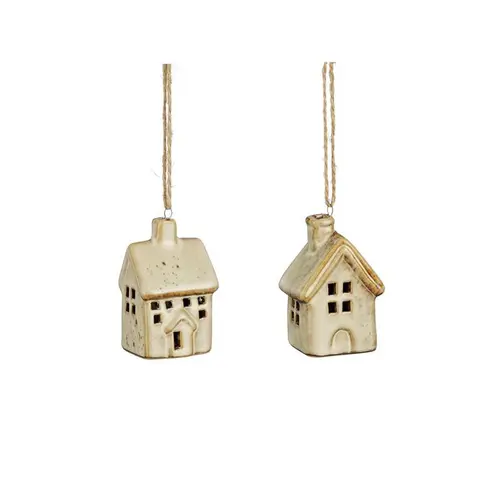 Idée jardin：Décoration à suspendre forme maison en porcelaine beige - 4 x 3 x 7 cm
