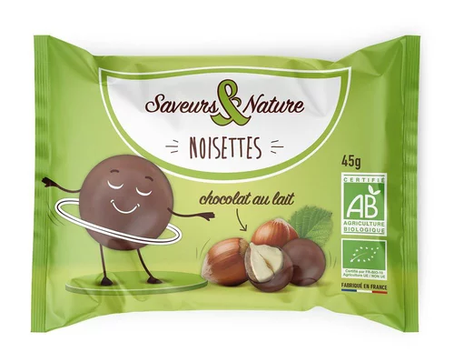 Pour un extérieur agréable：Drôles de noisettes toastées au chocolat lait bio en sachet de 45 g