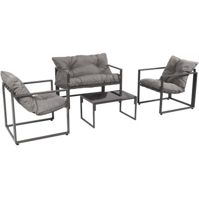 Salon de jardin détente 4 pièces avec coussins Ajaccio (Coussins gris)