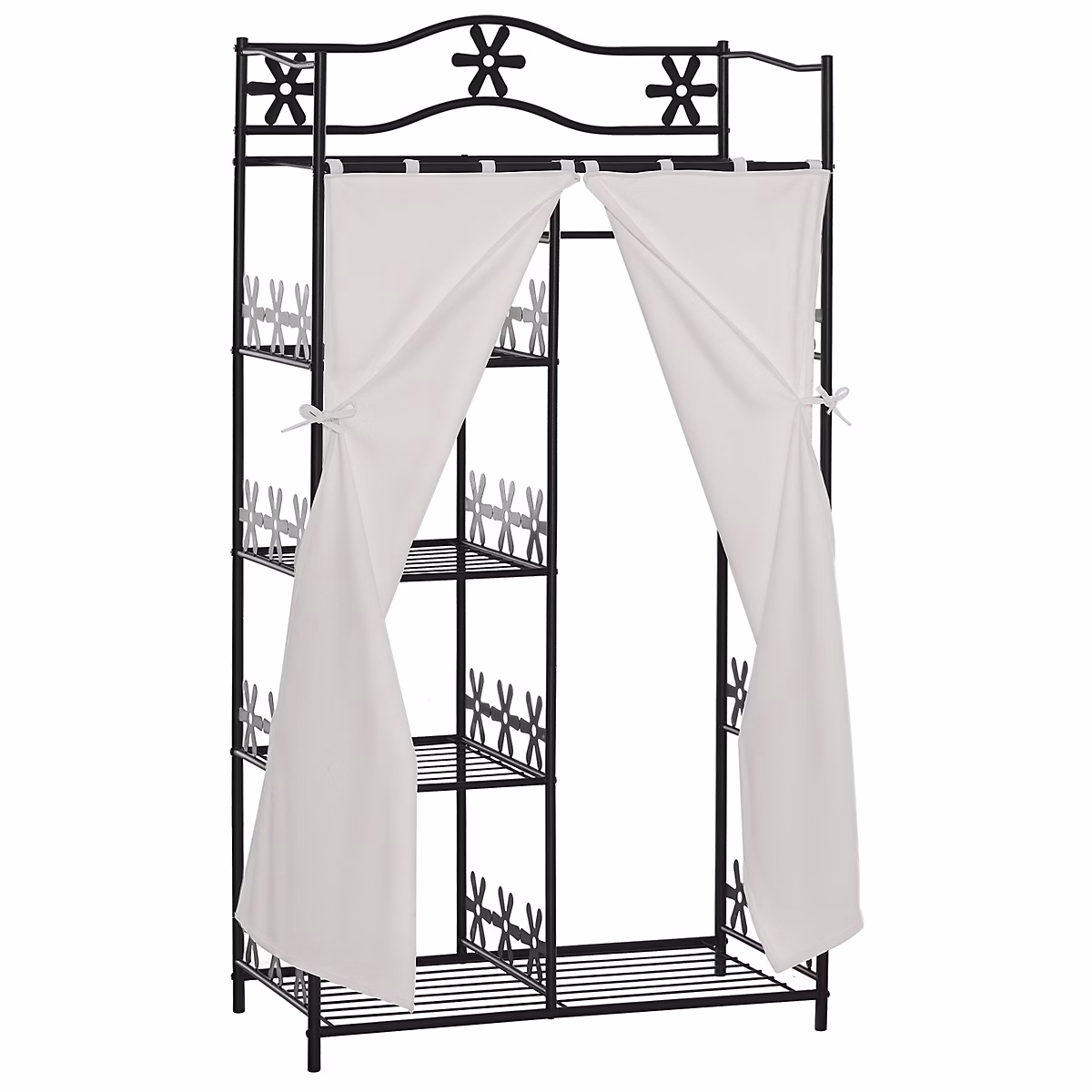 Armoire penderie multi-rangement – 5 étagères, dim. 84L x 42l x 158, 5H cm, métal noir motif fleurs 2 rideaux blanc
