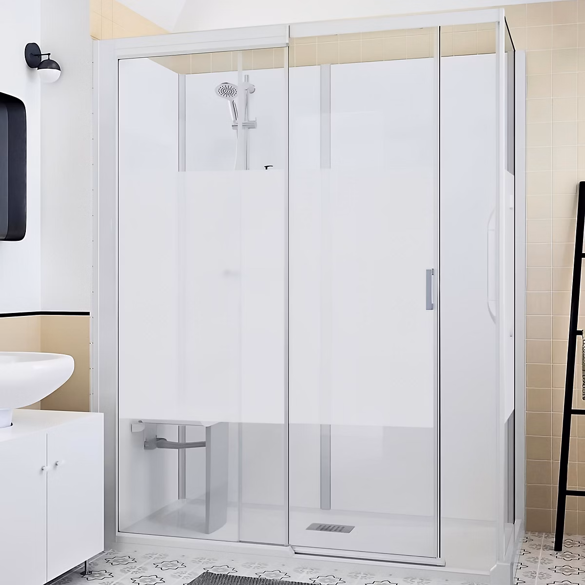 Cabine de douche d'angle KINEDO KINEMAGIC DESIGN 100X70 habillage toute hauteur 1 coulissant verre transparent thermostatique | Cabine de douche