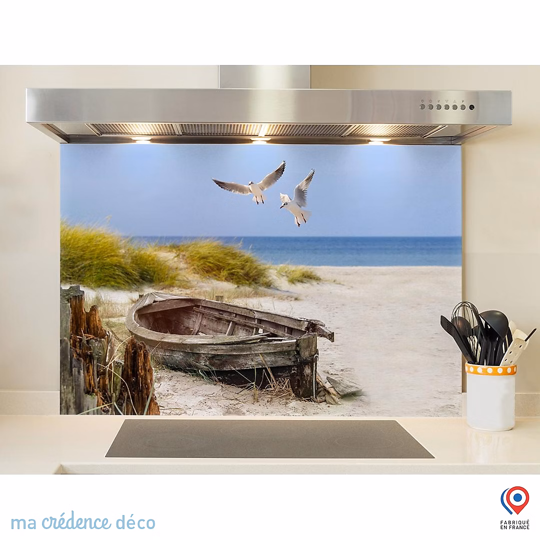 Crédence cuisine fond de hotte Dunes et mouettes – Verre trempé, L 70 cm x H 60 cm, MaCrédenceDéco