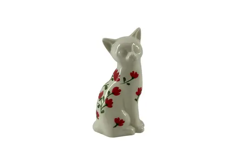 Jardin loisirs：Chat debout en céramique blanche avec motifs fleurs rouges Louise - 13 x 10 x 7 cm