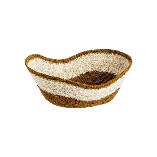 Autour du jardin：Corbeille ovale forme vague en osier blanc et marron - 28 x 23 x 11 cm