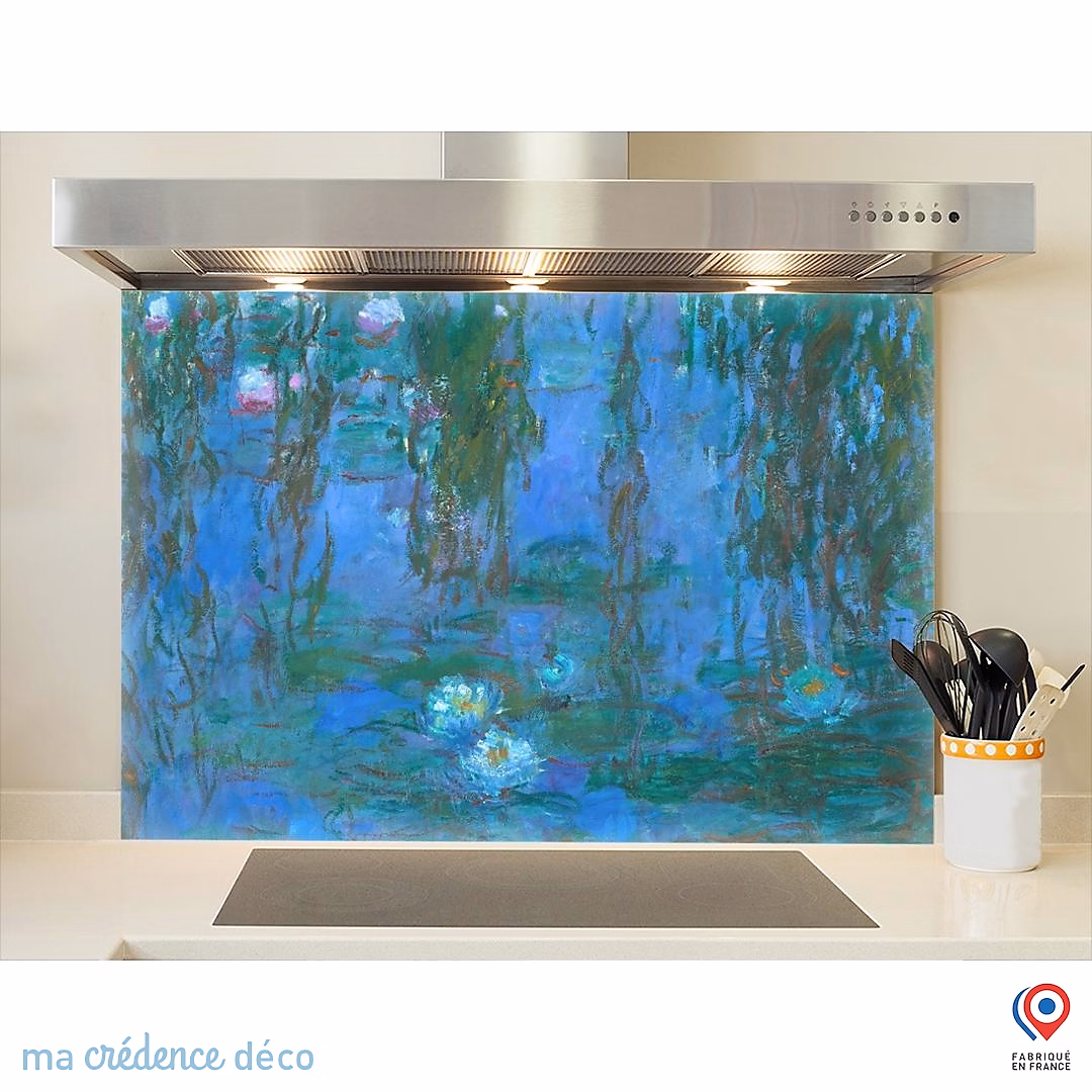 Crédence cuisine fond de hotte Claude Monet – Nymphéas bleus, Verre trempé, L 90 cm x H 70 cm, MaCrédenceDéco