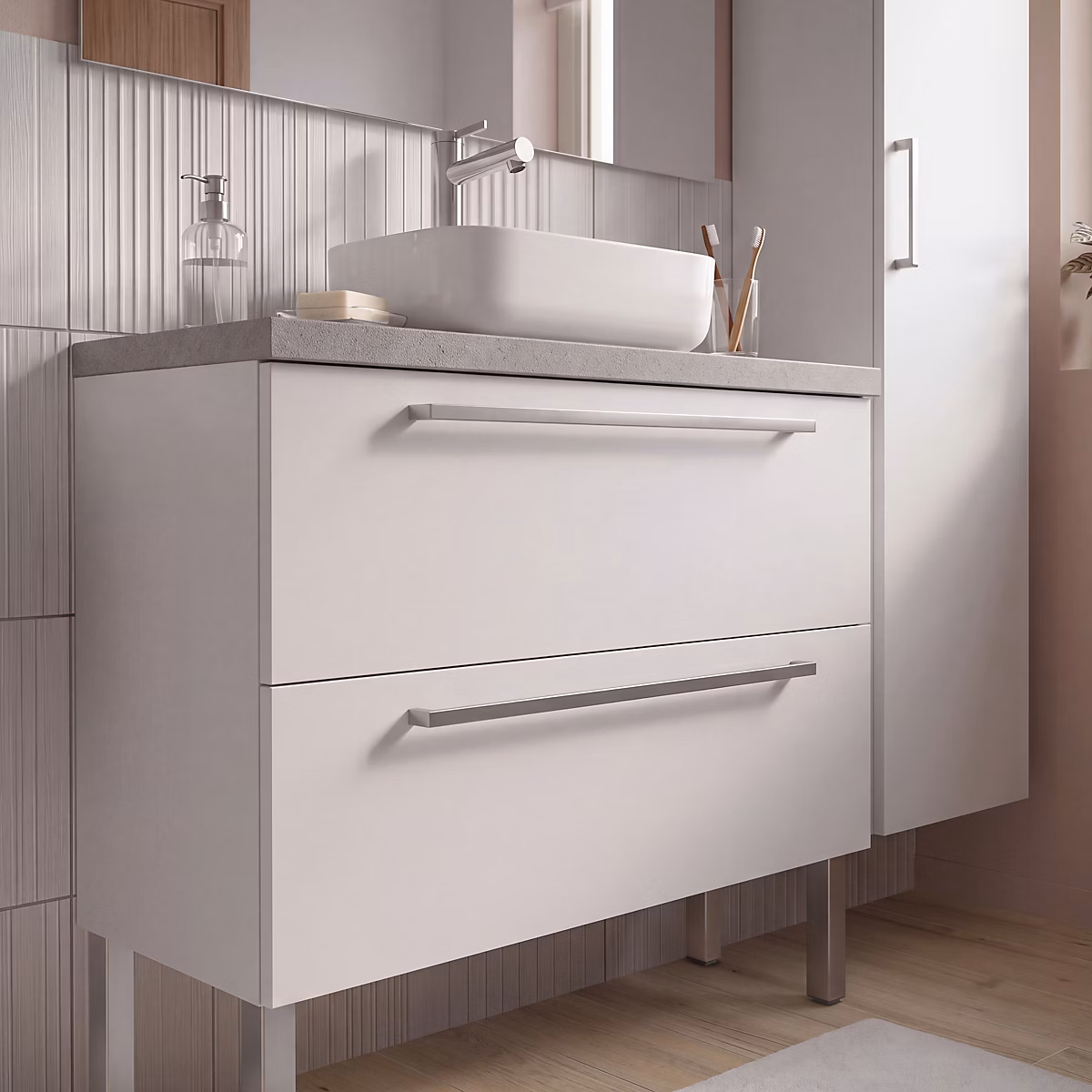 Meuble sous vasque suspendu blanc brillant l.100 cm 2 tiroirs Imandra + plan de toilette effet granite gris Cadélia – GoodHome