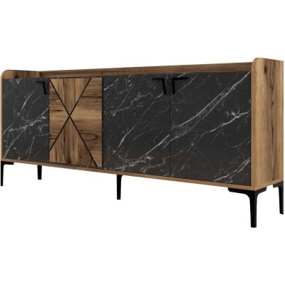 Buffet en aggloméré 4 portes Venedik (Noyer + marbre noir)