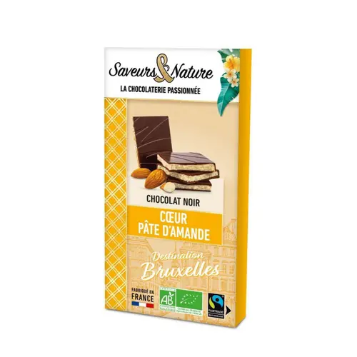Nature pratique:Tablette chocolat noir fourrée à la pâte d’amande bio Saveurs et Nature - 90 g