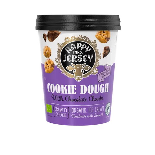 Confort jardin：Glace vanille avec pâte à cookie bio en pot Happy Mrs Jersey Cookie dough - 480 ml