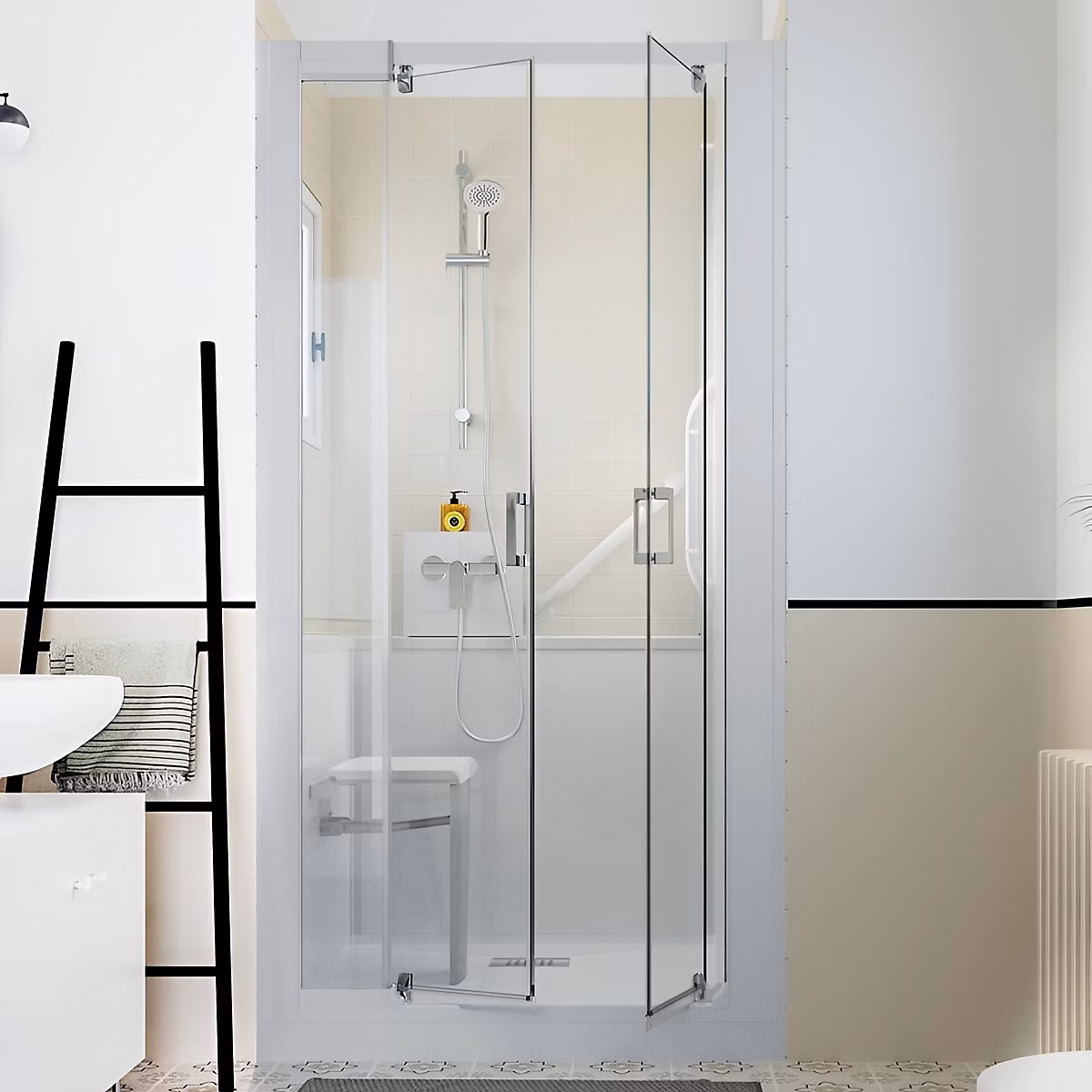 Cabine de douche Kinedo Kinemagic Design 120 × 70 niche haute pivotante verre transparent avec mitigeur
