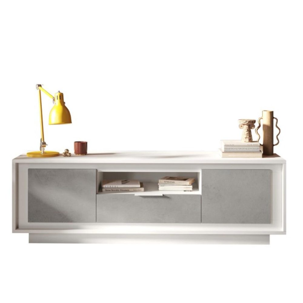 JLC KREATION Banc tv moderne 180cm blanc et gris béton yori