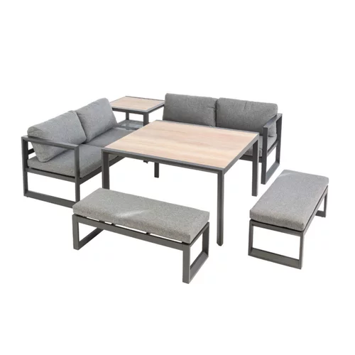 Côté jardin:Salon de jardin en aluminium graphite Cinto III - 6 éléments (deux banquettes, deux bancs, table d'angle et table haute carrée)