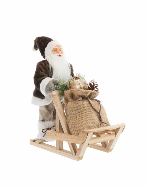 Loisirs au jardin:Père Noël nature en tissu brun/gris poussant un traîneau avec hotte - 30 cm