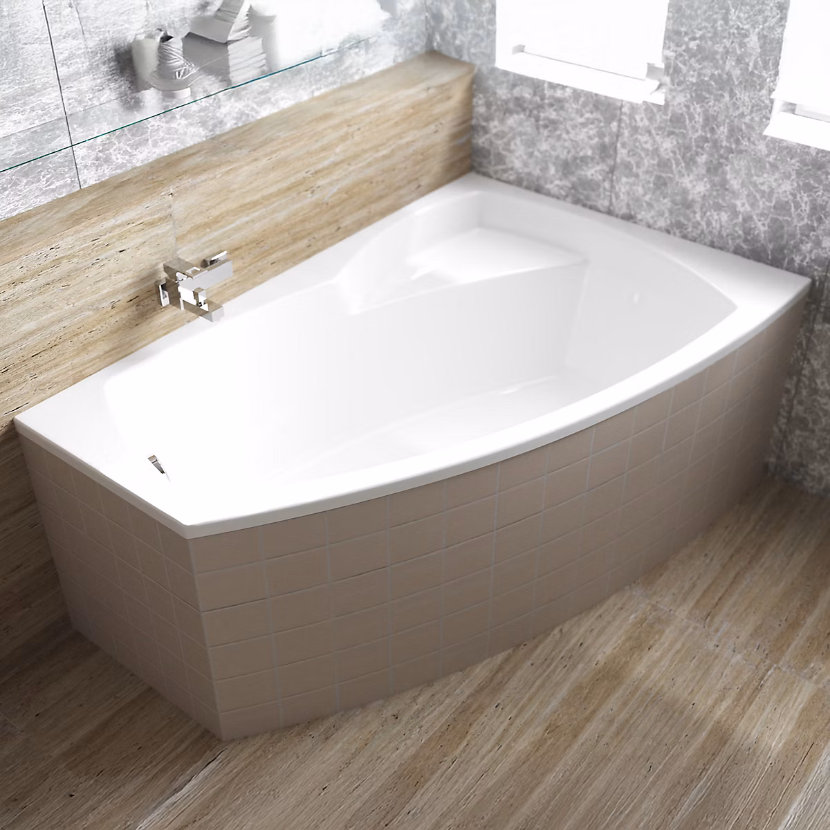Baignoire asymétrique 150 × 90 Droite FRIDA acrylique blanc + Habillage en polystyrène + Pieds + Vidage à chromé
