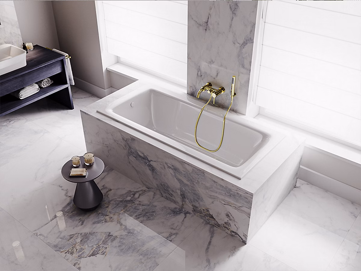 Baignoire rectangulaire 150 × 70 TALIA SLIM acrylique blanc + Habillage en polystyrène (4 cm) + Pieds + Vidage à chromé