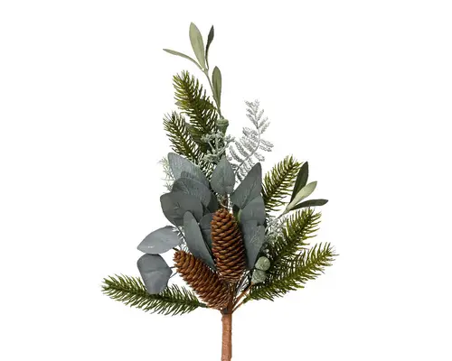 Pour mieux organiser vos extérieurs:Tige artificielle verte avec feuilles argentées et pommes de pin - H 50 cm