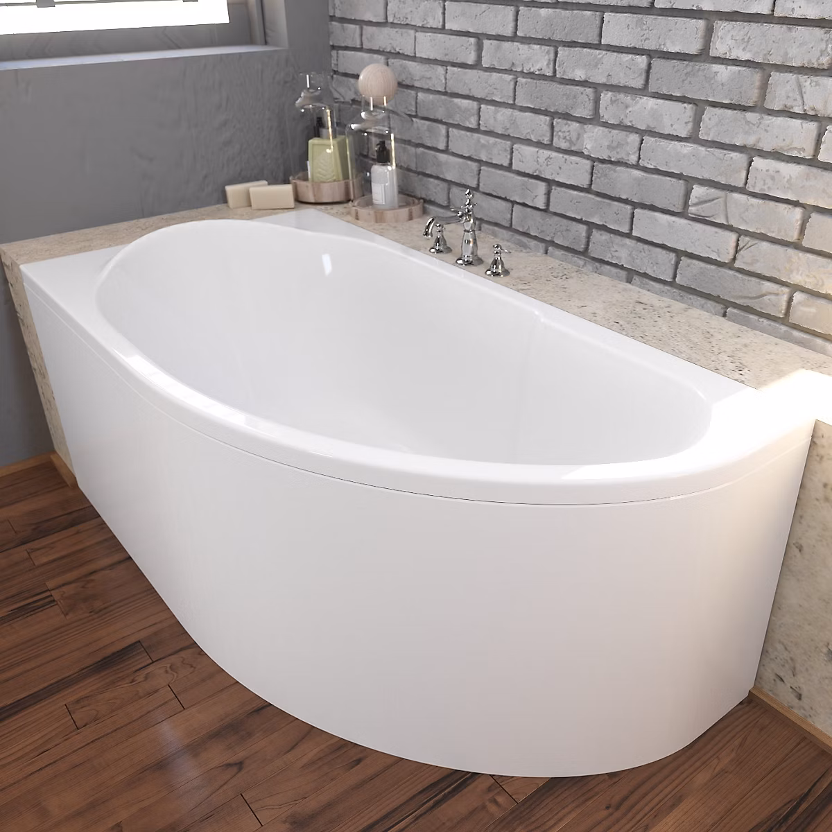 Baignoire asymétrique 145 × 85 Gauche MIKI acrylique blanc + avec Tablier + Pieds + Vidage à chromé