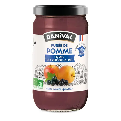 Pour compléter vos extérieurs:Purée de fruits bio pomme cassis du Rhône-Alpes Danival - 700 g