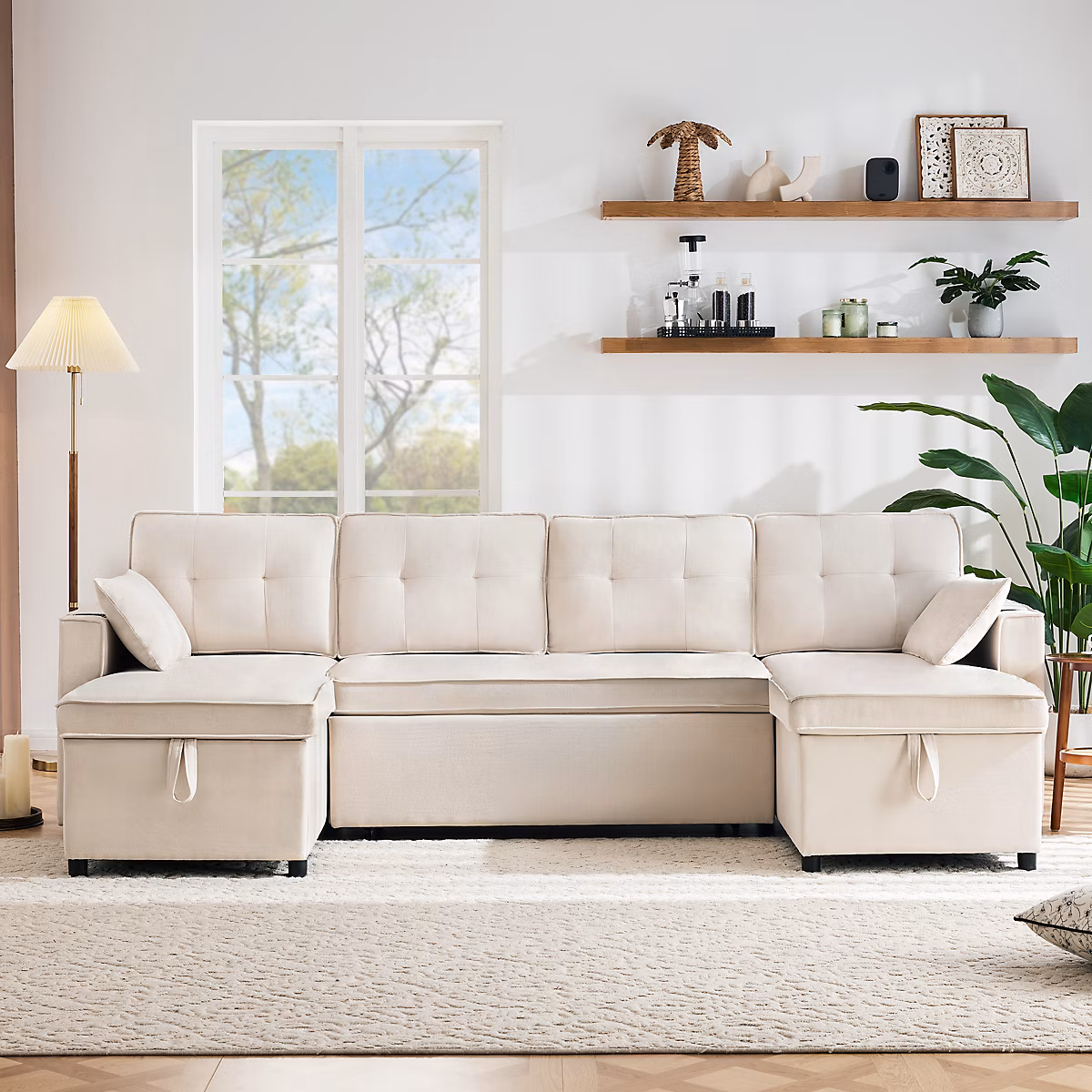 Canapé lit convertible – U-förmige,Coton et lin,Avec porte-gobelets et rangements