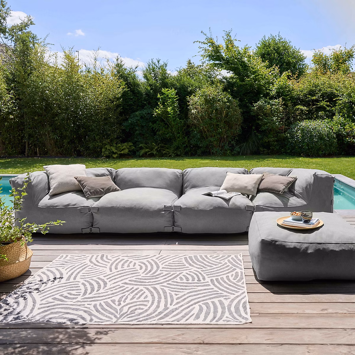 Canapé d'angle de jardin modulable 5 places gris Mixi Oviala – Réf. NHXNXWHFN4433197715