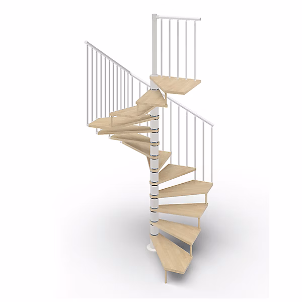 Escalier colimaçon 10 marches – Haut. à franchir 2.05 à 2.40m | Diam. 120cm | Trémie carrée | Struct. blanche / marches naturel