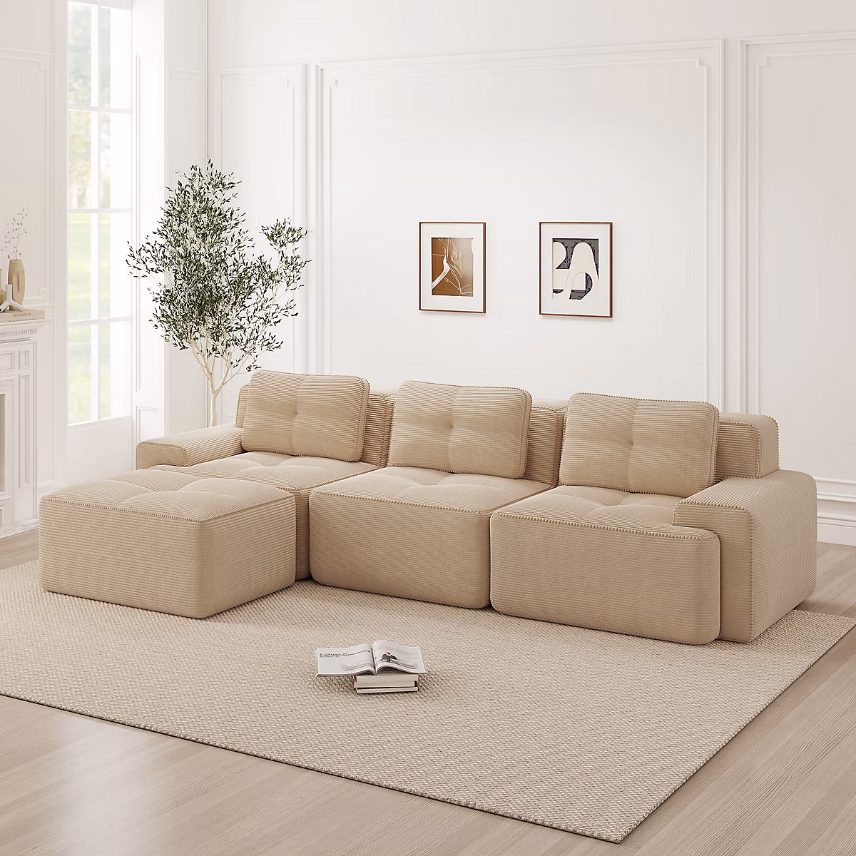 Canapé modulaire en L – 3 places | tissu éponge beige | sans montage | avec ottoman
