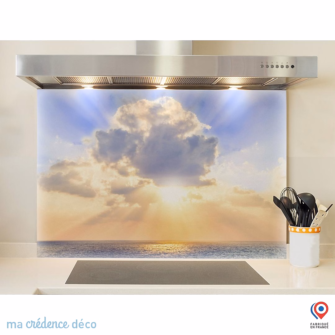 Crédence cuisine fond de hotte Soleil et mer – Verre trempé, L 90 cm x H 50 cm, MaCrédenceDéco