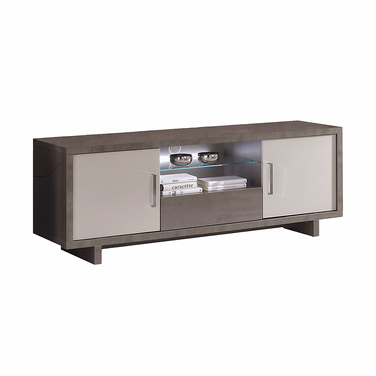 AUXANE – Meuble TV 2 Portes Gris Acier Metallisé et Gris Mat avec Leds