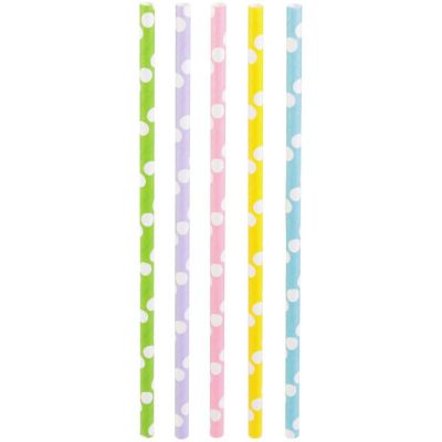 Pailles imprimées fantaisies en papier (Lot de 50) (Pois pastels)